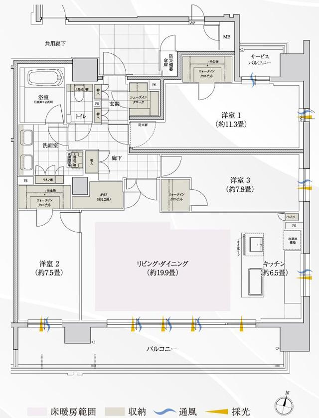 ローレルコート一社駅前の間取り図　H：3LDK+SIC+3WIC+N