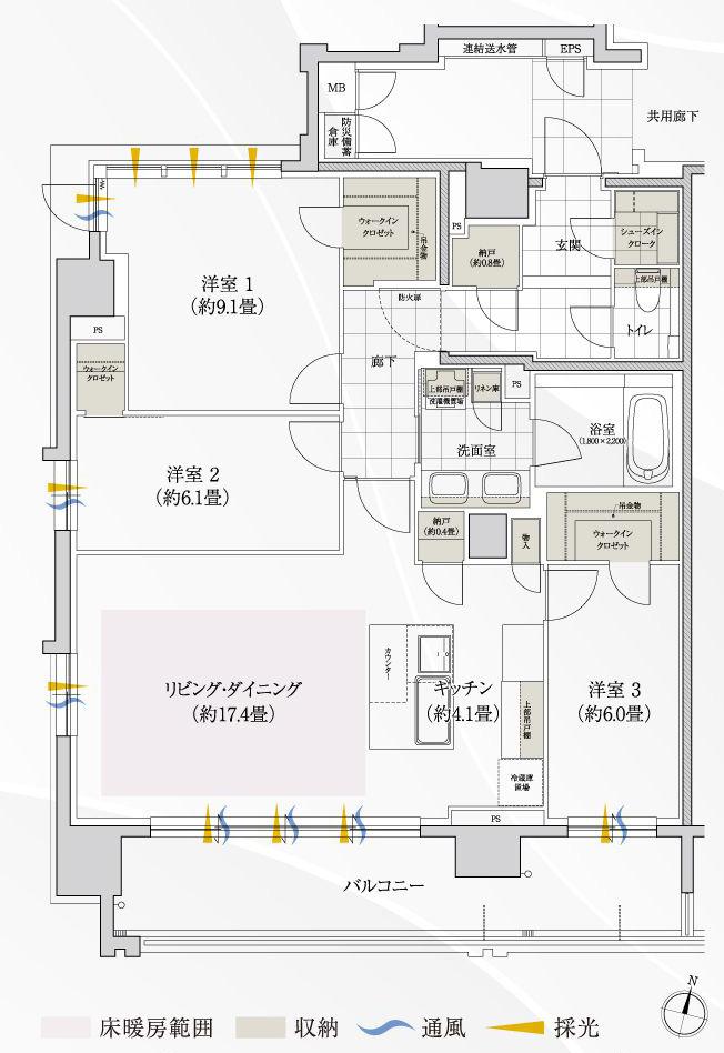ローレルコート一社駅前の間取り図　G：3LDK+SIC+3WIC+2N