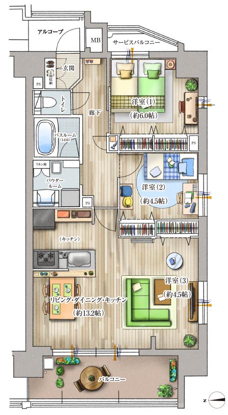 プレサンス ロジェ 庄内通駅前の間取り図　D：3LDK