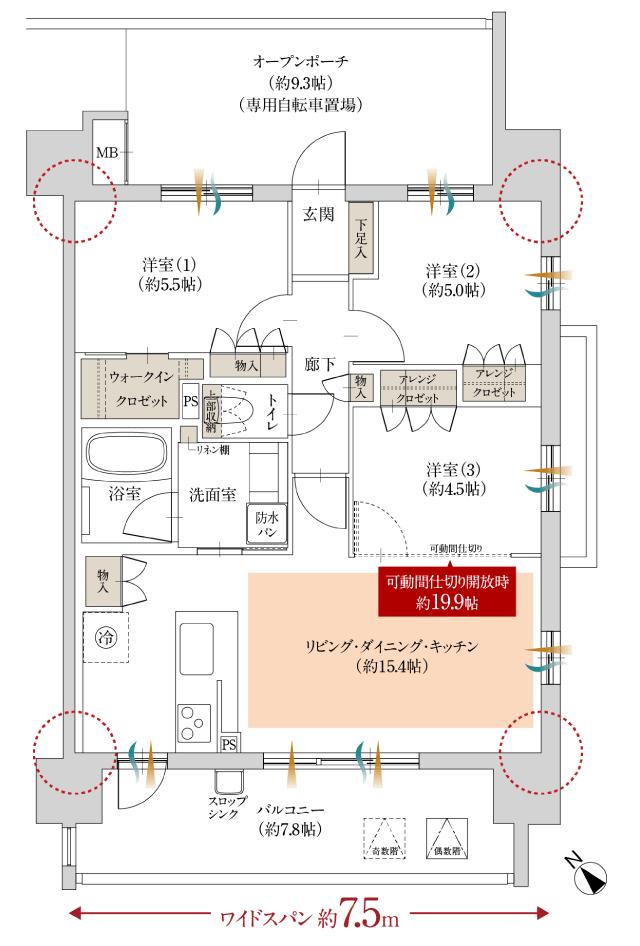 ファミリアーレ庄内緑地の間取り図　F：3LDK+アレンジクロゼット+ウォークインクロゼット