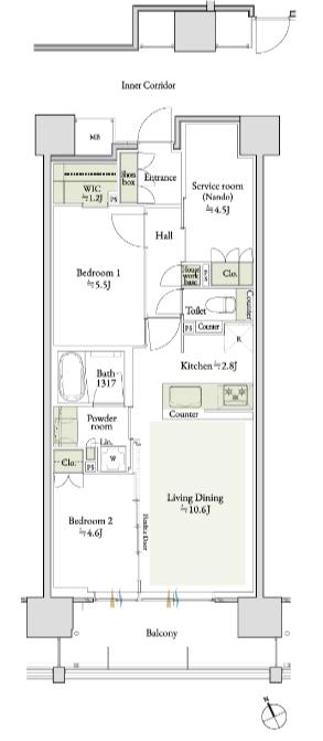 デュオヒルズ千種の間取り図　B：2LDK+S+WIC