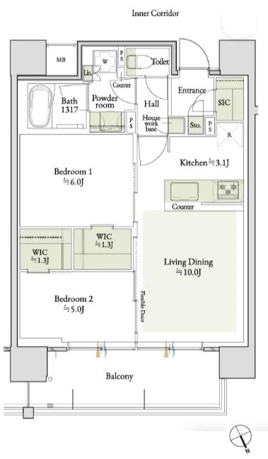 デュオヒルズ千種の間取り図　E：2LDK+2WIC+SIC