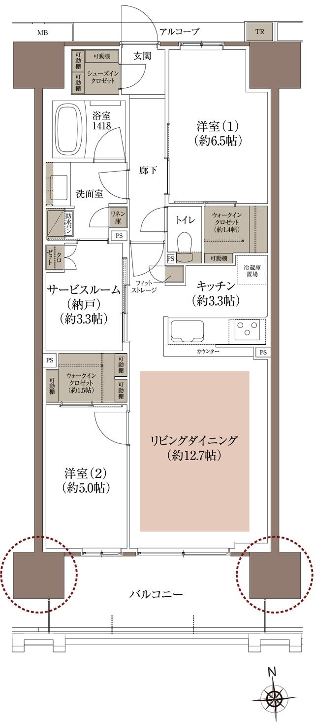 HONOKUNI RESIDENCE（ほの国百貨店跡地プロジェクト）の間取り図　F：2LDK+2WIC+SIC+S