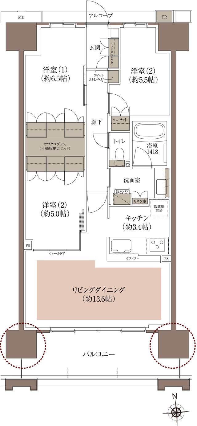 HONOKUNI RESIDENCE（ほの国百貨店跡地プロジェクト）の間取り図　B：3LDK+UGOCLO plus