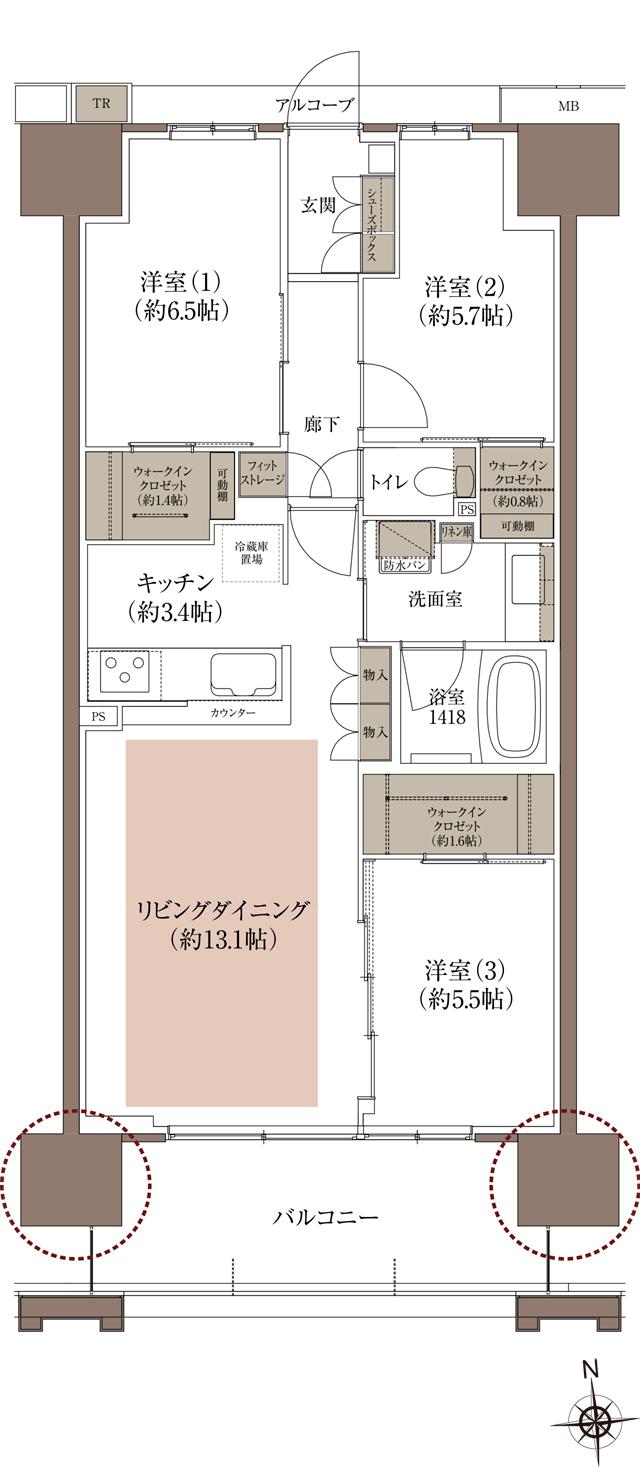 HONOKUNI RESIDENCE（ほの国百貨店跡地プロジェクト）の間取り図　C：3LDK+3WIC