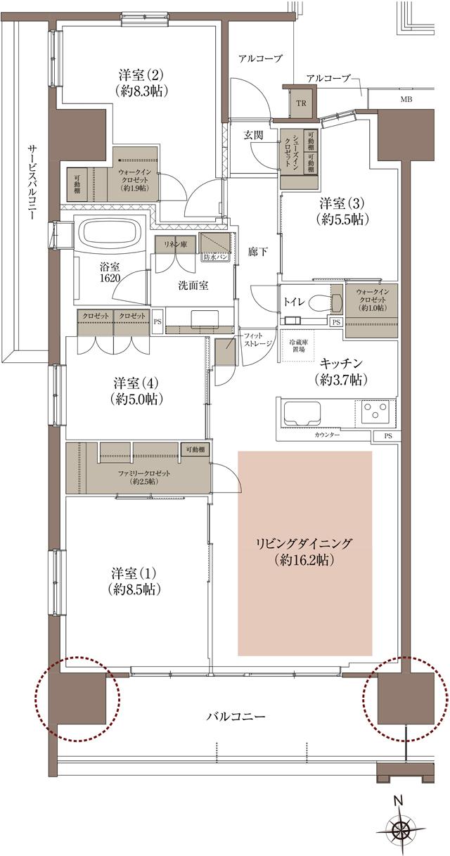 HONOKUNI RESIDENCE（ほの国百貨店跡地プロジェクト）の間取り図　A：4LDK+2WIC+FC+SIC