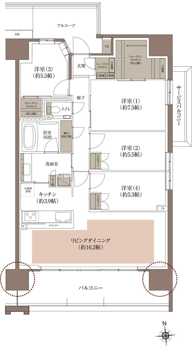 HONOKUNI RESIDENCE（ほの国百貨店跡地プロジェクト）の間取り図　H：4LDK+2WIC+SIC+N