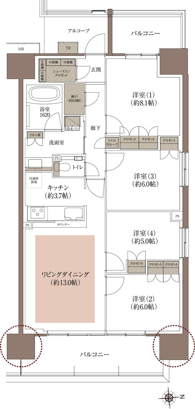 HONOKUNI RESIDENCE（ほの国百貨店跡地プロジェクト）の間取り図　K：4LDK+SIC+N
