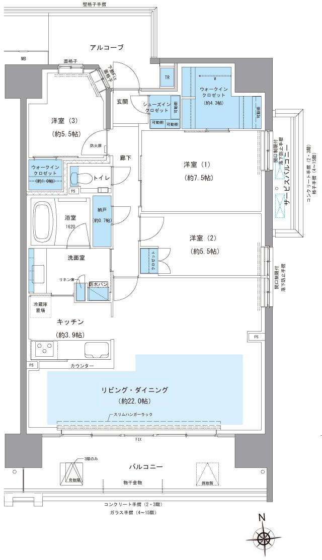 HONOKUNI RESIDENCE（ほの国百貨店跡地プロジェクト）の間取り図　H(メニュー1)：3LDK+2WIC+SIC+N
