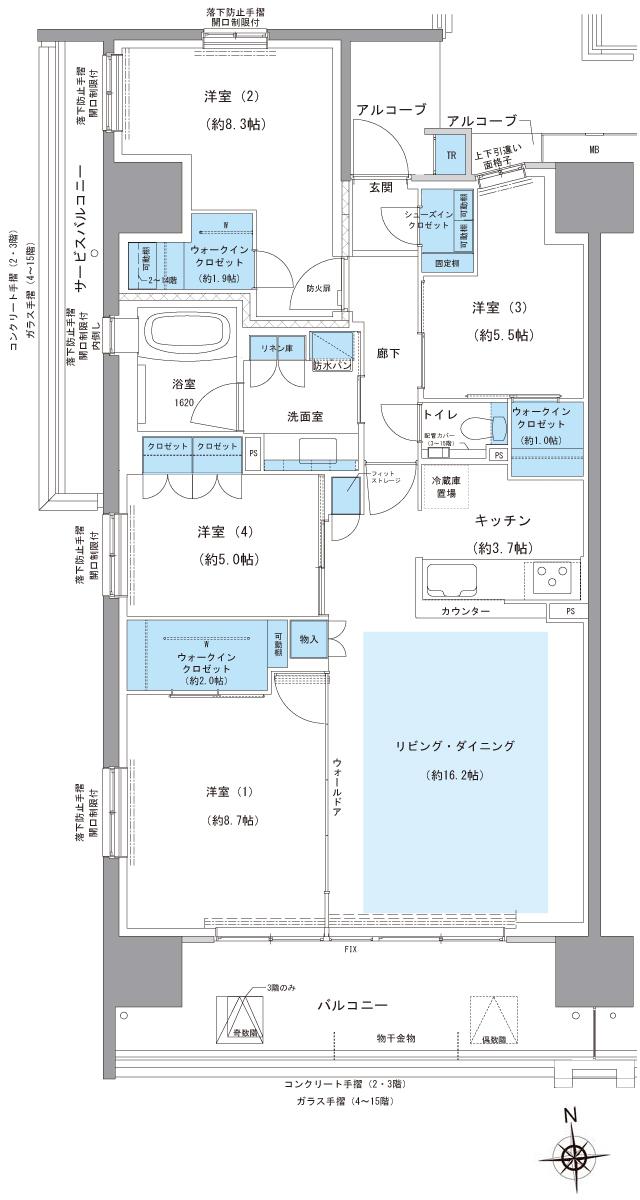 HONOKUNI RESIDENCE（ほの国百貨店跡地プロジェクト）の間取り図　A(メニュー3)：4LDK+3WIC+SIC