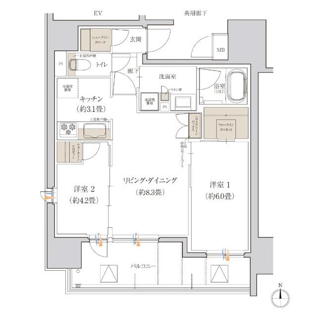 ローレルアイ名古屋大須の間取り図　B：2LDK+ 2WIC+ SIC