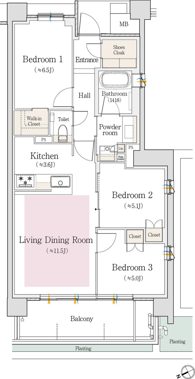 プラウド池下高見の間取り図　J：3LDK+WIC+SC
