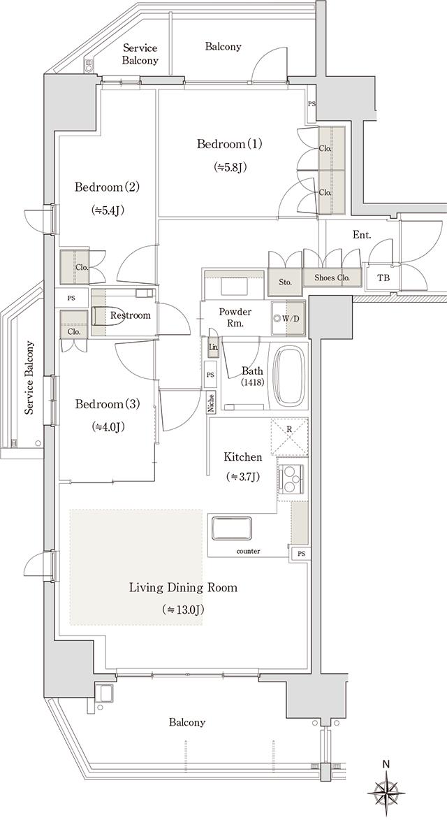 アネシア御器所の間取り図　A：3LDK