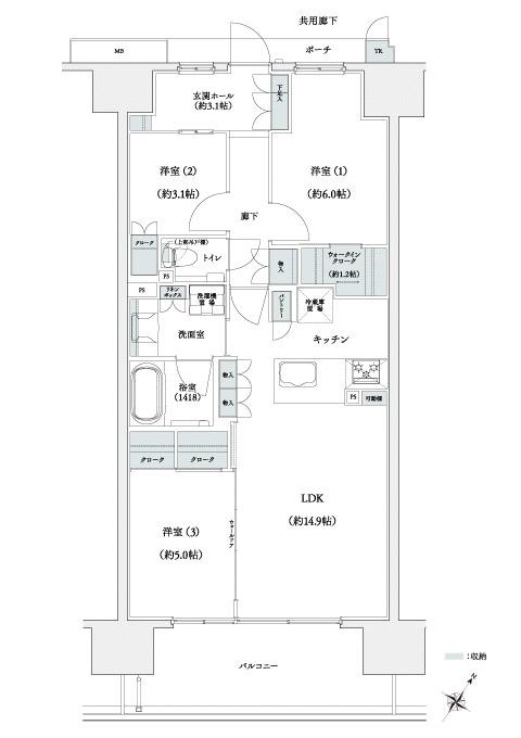 ブライトタウン浜北駅前の間取り図　C：3LDK+WIC+TR