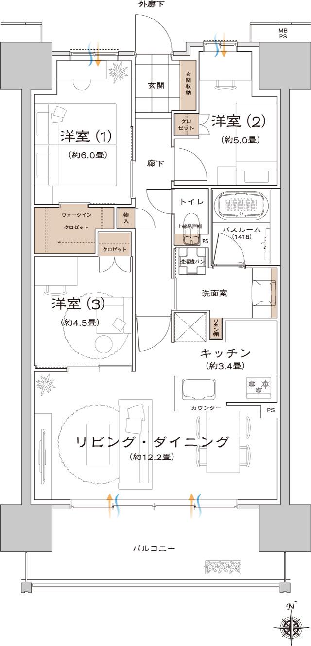 ライオンズ一宮グランフォートの間取り図　E：3LDK+WIC