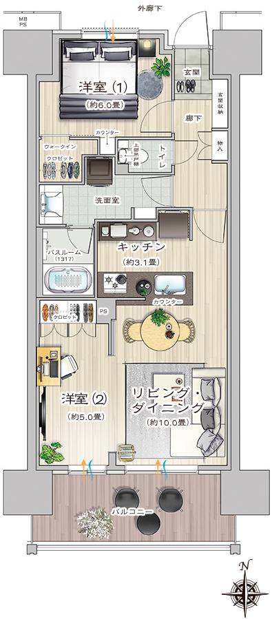 ライオンズ一宮グランフォートの間取り図　B：2LDK+WIC