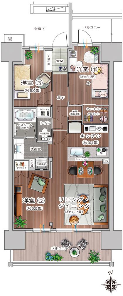 ライオンズ一宮グランフォートの間取り図　C：3LDK+WIC+N