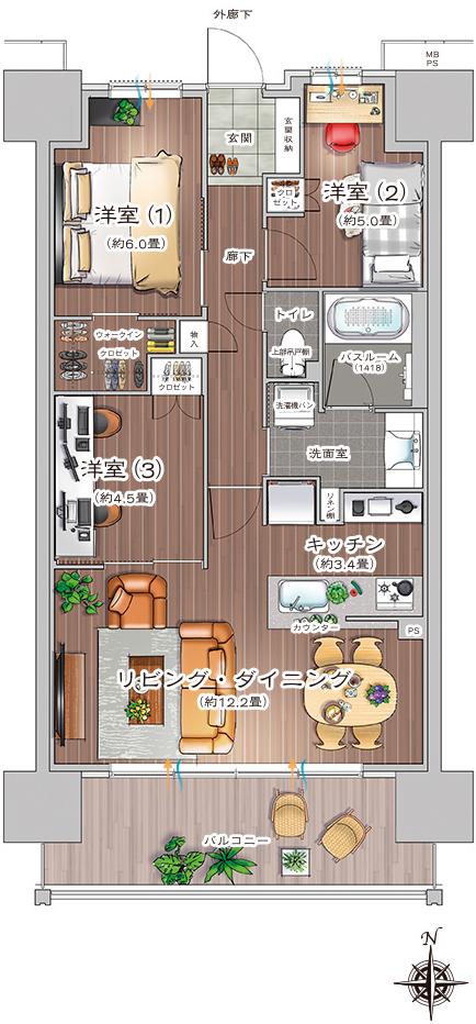 ライオンズ一宮グランフォートの間取り図　E：3LDK+WIC