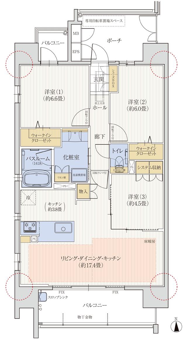 モアグレース西岐阜ステーションプレミアの間取り図　A：3LDK+2WIC