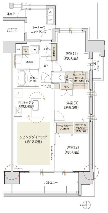 デュオヒルズ御器所の間取り図　E：3LDK+2WIC+FC