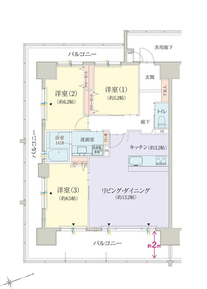 オブリージュ浜松レジデンスの間取り図　A：3LDK