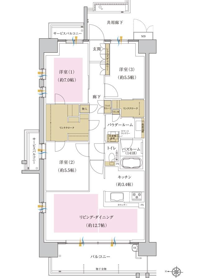 プレミスト藤が丘の間取り図　P-A：3LDK+2LC