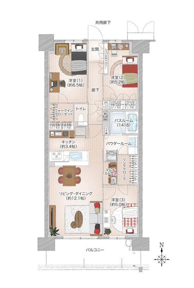 プレミスト藤が丘の間取り図　S-L1：3LDK＋WIC＋LC＋MS