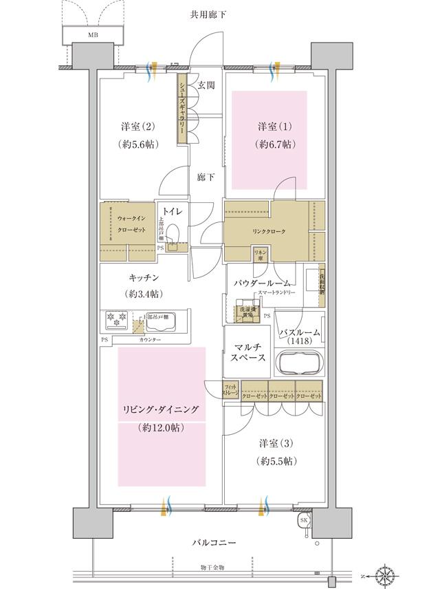 プレミスト藤が丘の間取り図　S-B2：3LDK+WIC＋LC+MS