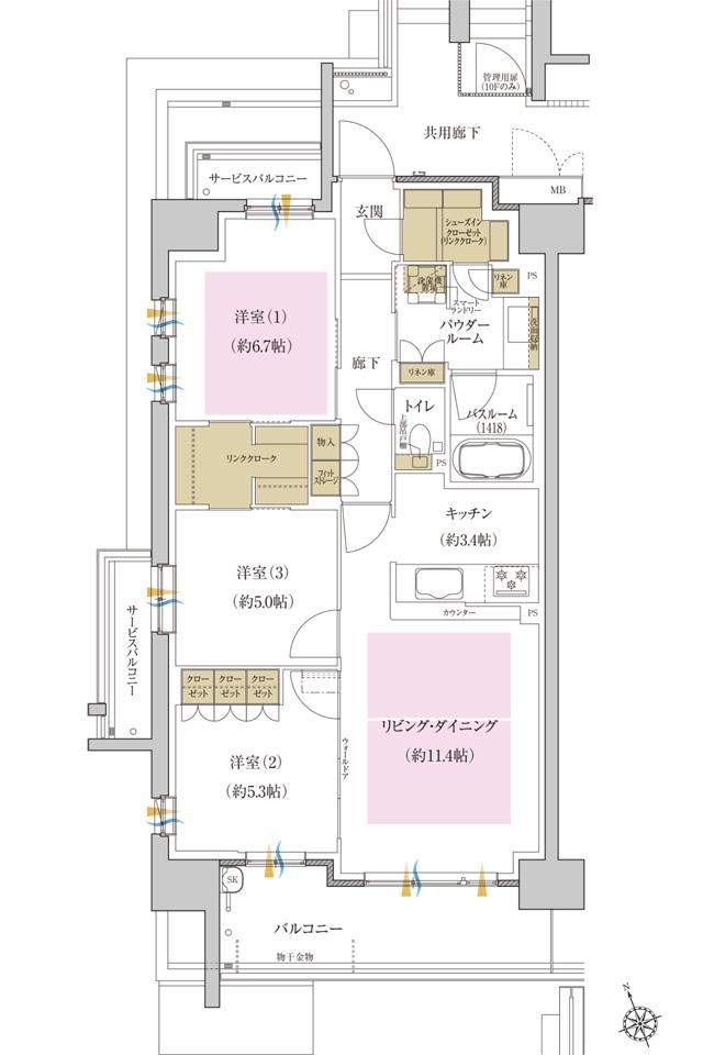 プレミスト藤が丘の間取り図　G-A：3LDK+LC+SIC