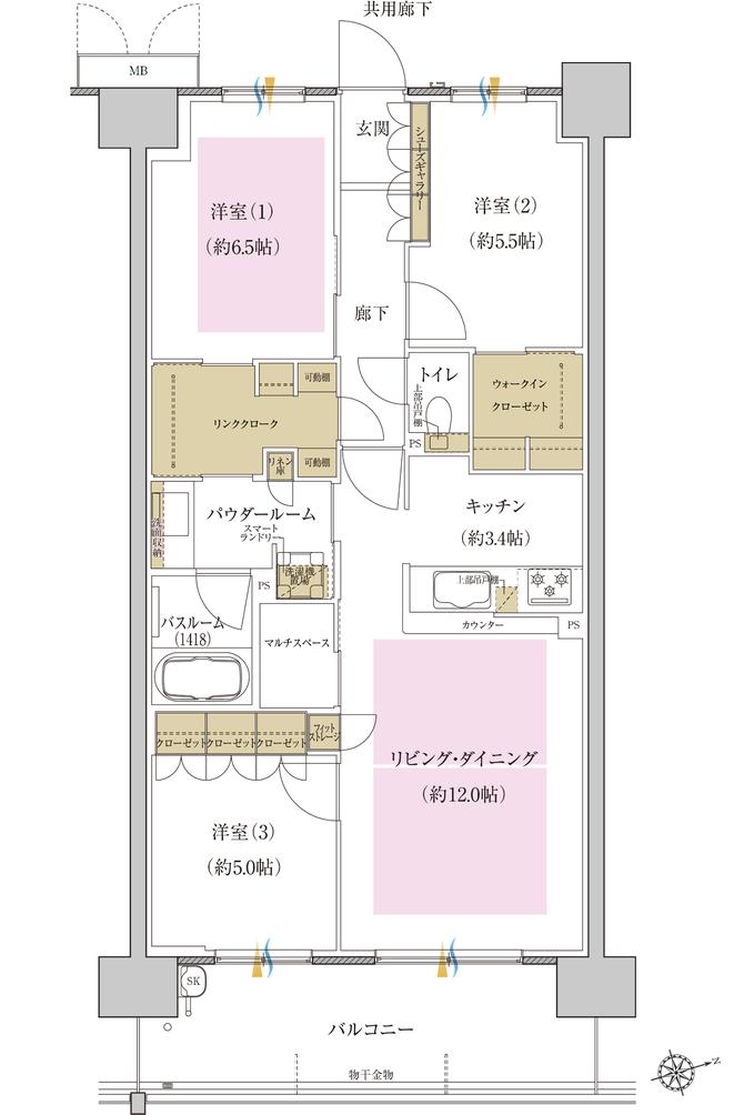 プレミスト藤が丘の間取り図　S-P3：3LDK+WIC+LC+MS