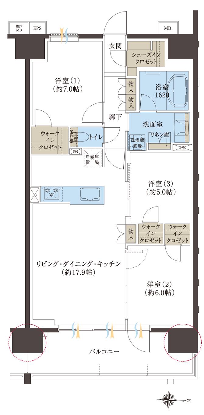 レーベン浜松VISTAGEの間取り図　A：3LDK+3WIC+SIC
