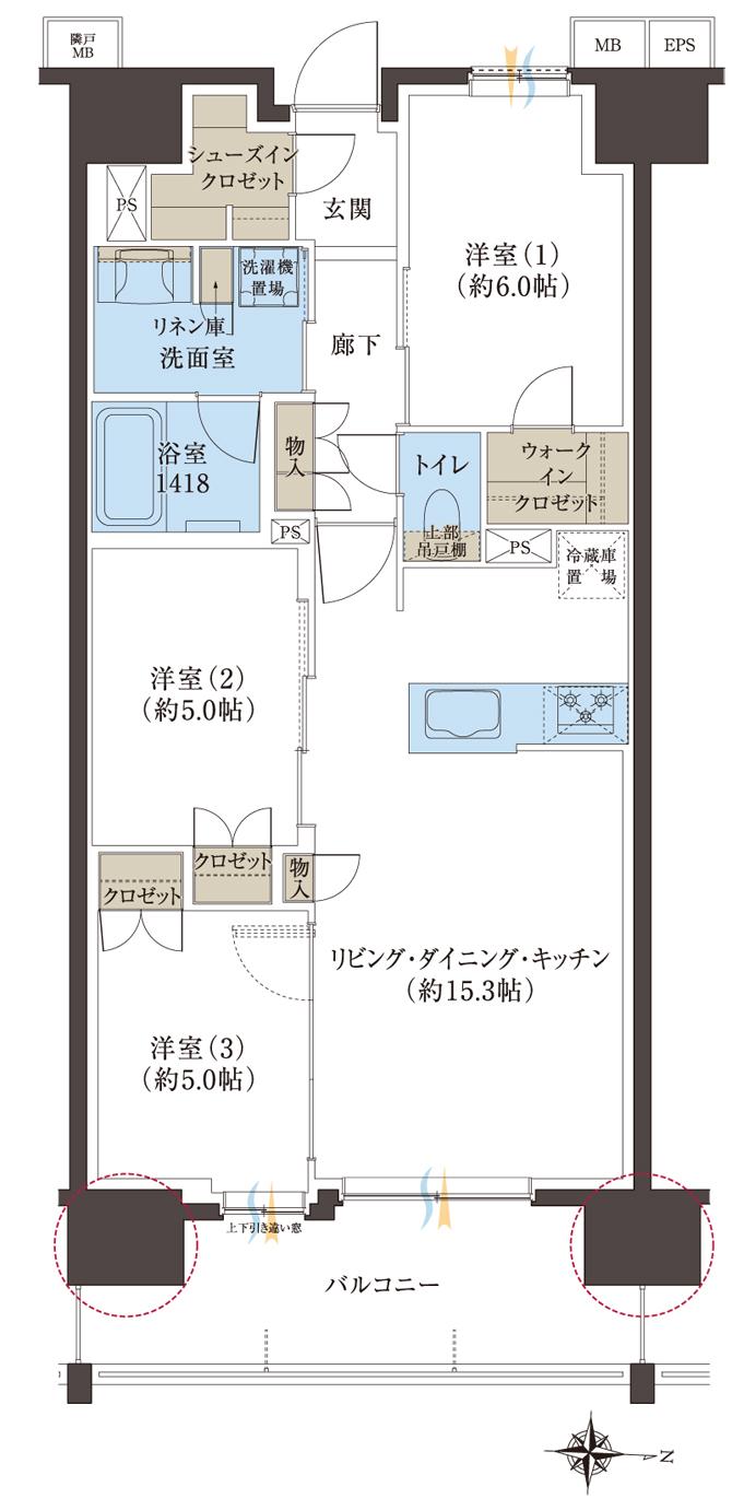 レーベン浜松VISTAGEの間取り図　B：3LDK+WIC+SIC