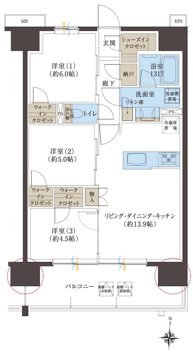 レーベン浜松VISTAGEの間取り図　E：3LDK+3WIC+SIC+N
