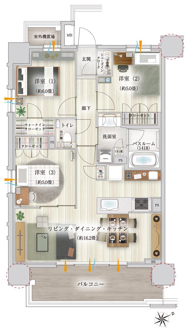 オープンレジデンシア星ヶ丘の間取り図　A：3LDK+WIC+SIC