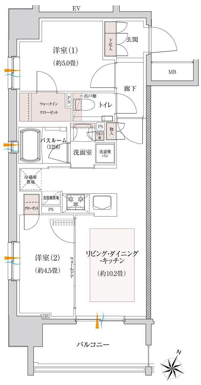 イノバス金山熱田の間取り図　A：2LDK+WIC