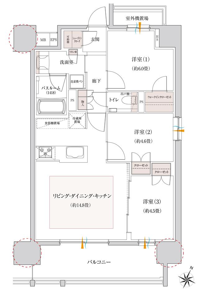 イノバス金山熱田の間取り図　C：3LDK+WIC+SIC