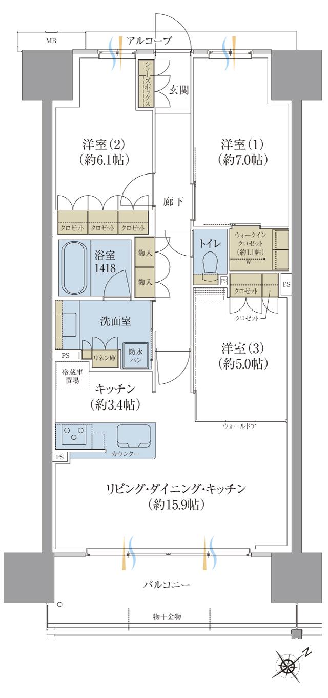 ブランシエラ浜松 ザ・レジデンスの間取り図　B：3LDK+WIC