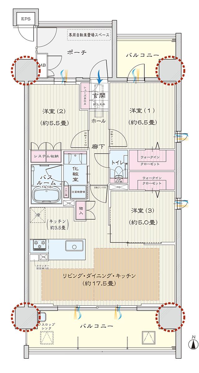 モアグレース新瑞橋アクシスの間取り図　D：3LDK+2WIC