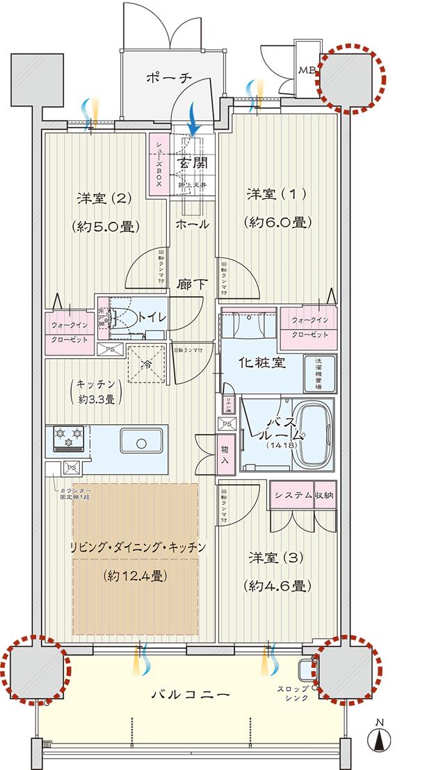 モアグレース新瑞橋アクシスの間取り図　B：3LDK+2WIC