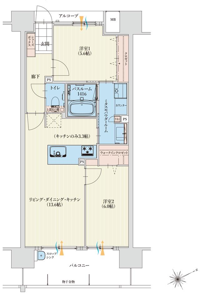 アルファステイツ四日市新正IIの間取り図　D：2LDK＋ミタスモパウダールーム＋ウォークインクロゼット