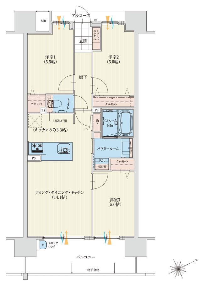 アルファステイツ四日市新正IIの間取り図　B：3LDK