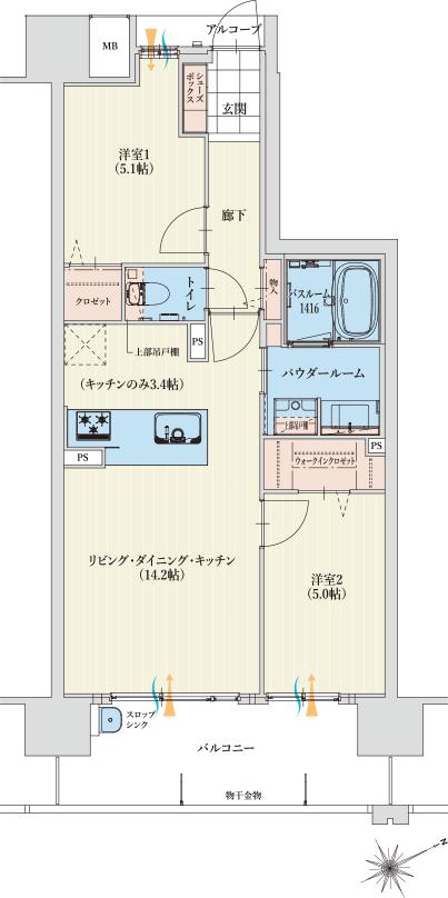 アルファステイツ四日市新正IIの間取り図　E：2LDK＋ウォークインクロゼット