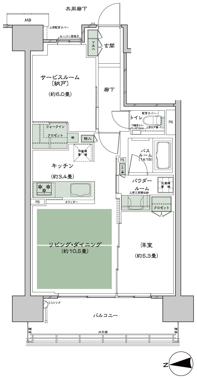 シティタワー葵の間取り図　A-60C：1LDK+S(サービスルーム[納戸])+WIC(ウォークインクロゼット)