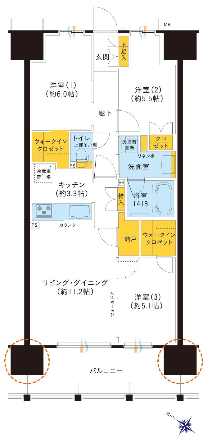 レーベン三河安城REPRENTの間取り図　E：3LDK+N+2WIC