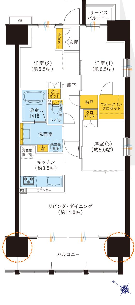 レーベン三河安城REPRENTの間取り図　G：3LDK+N+WIC