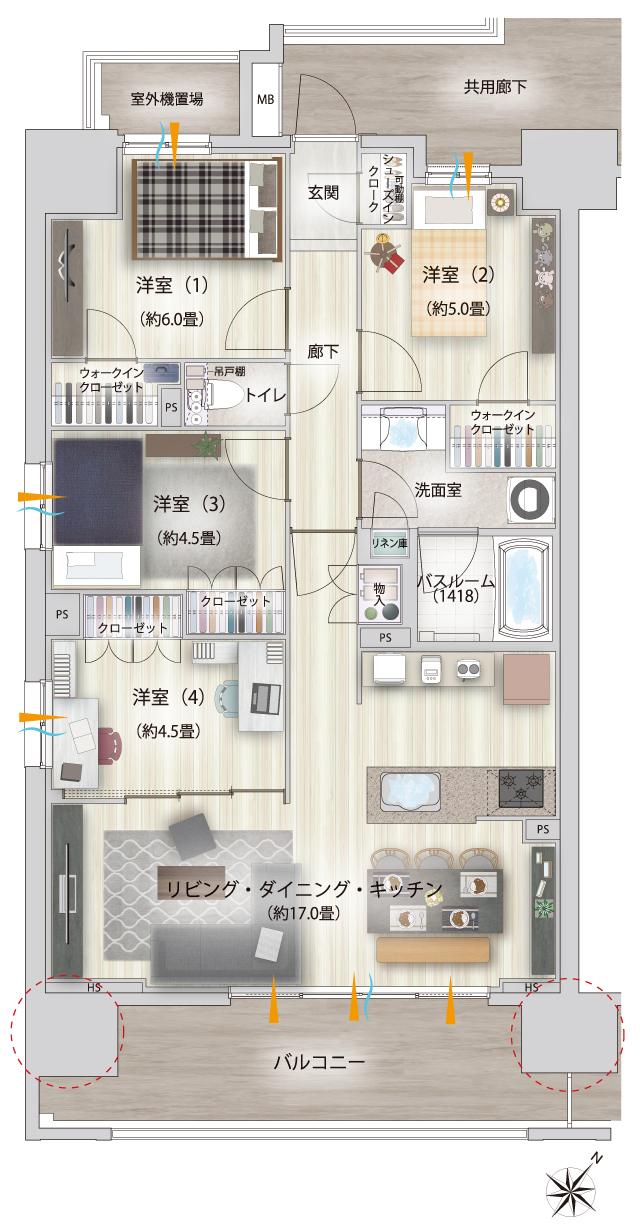 オープンレジデンシア安城の間取り図　A：4LDK+2WIC+SIC