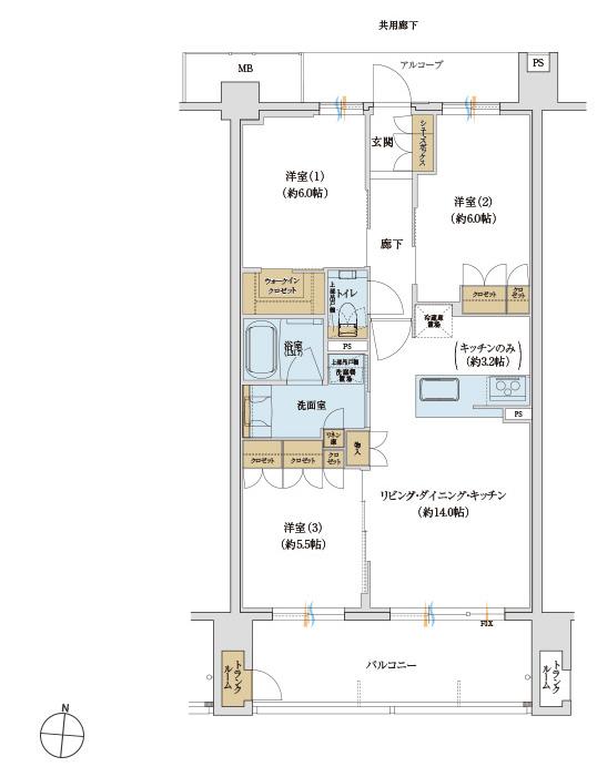 サンメゾン千種公園東の間取り図　B：3LDK+WIC