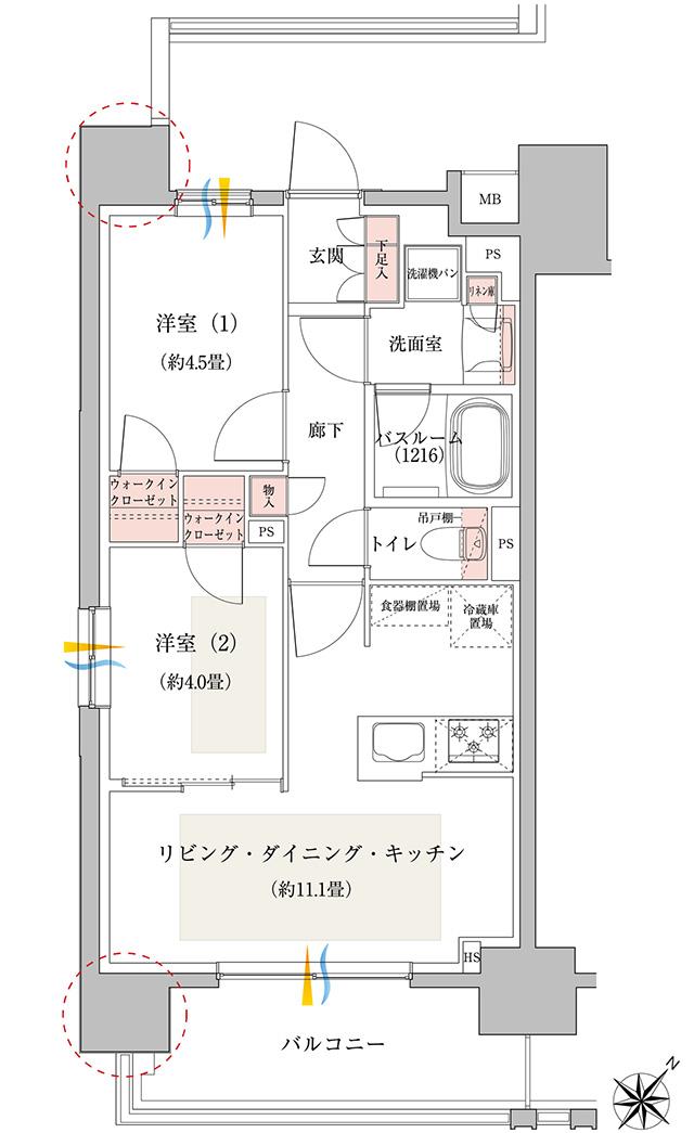 イノバス名古屋本陣の間取り図　A：2LDK+2WIC