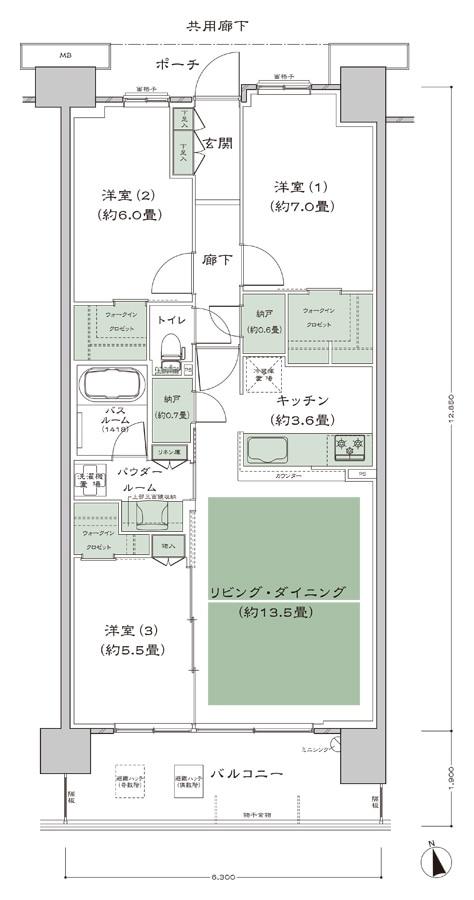 メガシティテラスII街区の間取り図　E-80B2'：3LDK+2N+3WIC