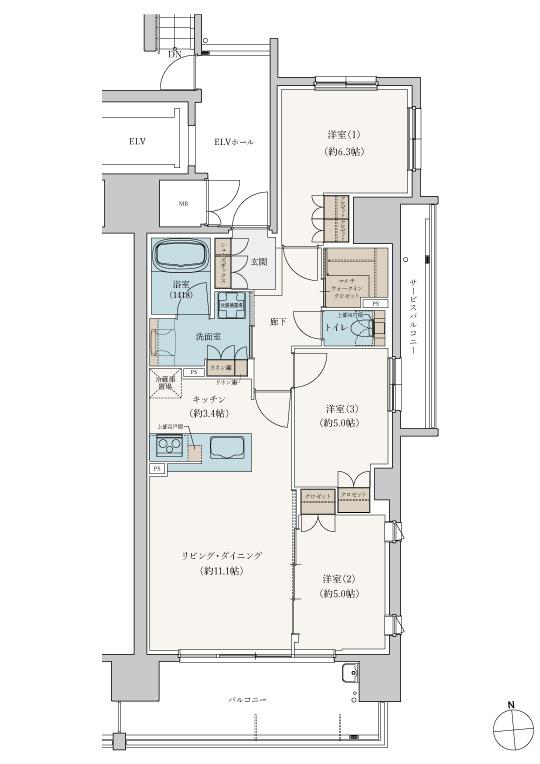 シエリア代官町の間取り図　B：3LDK+MWIC